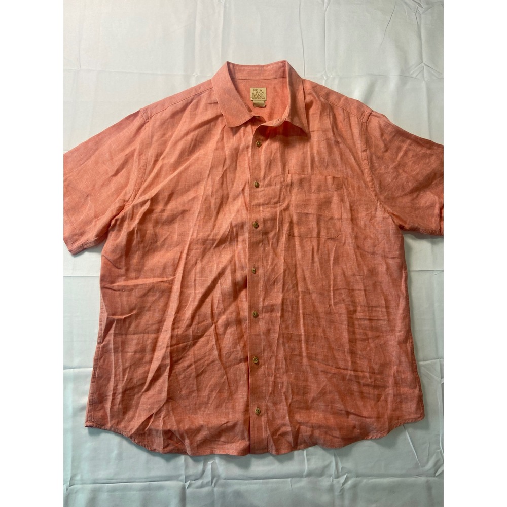 JOS A BANK Mens XL Orange Linen Short Sleeve Button Down Casual Shirt